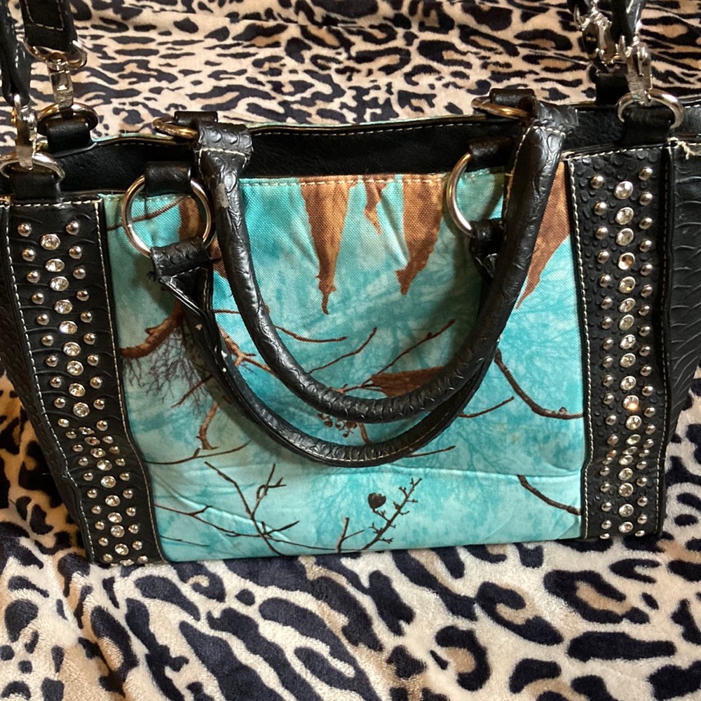 P & G Western Studded Black and teal Camo purse
